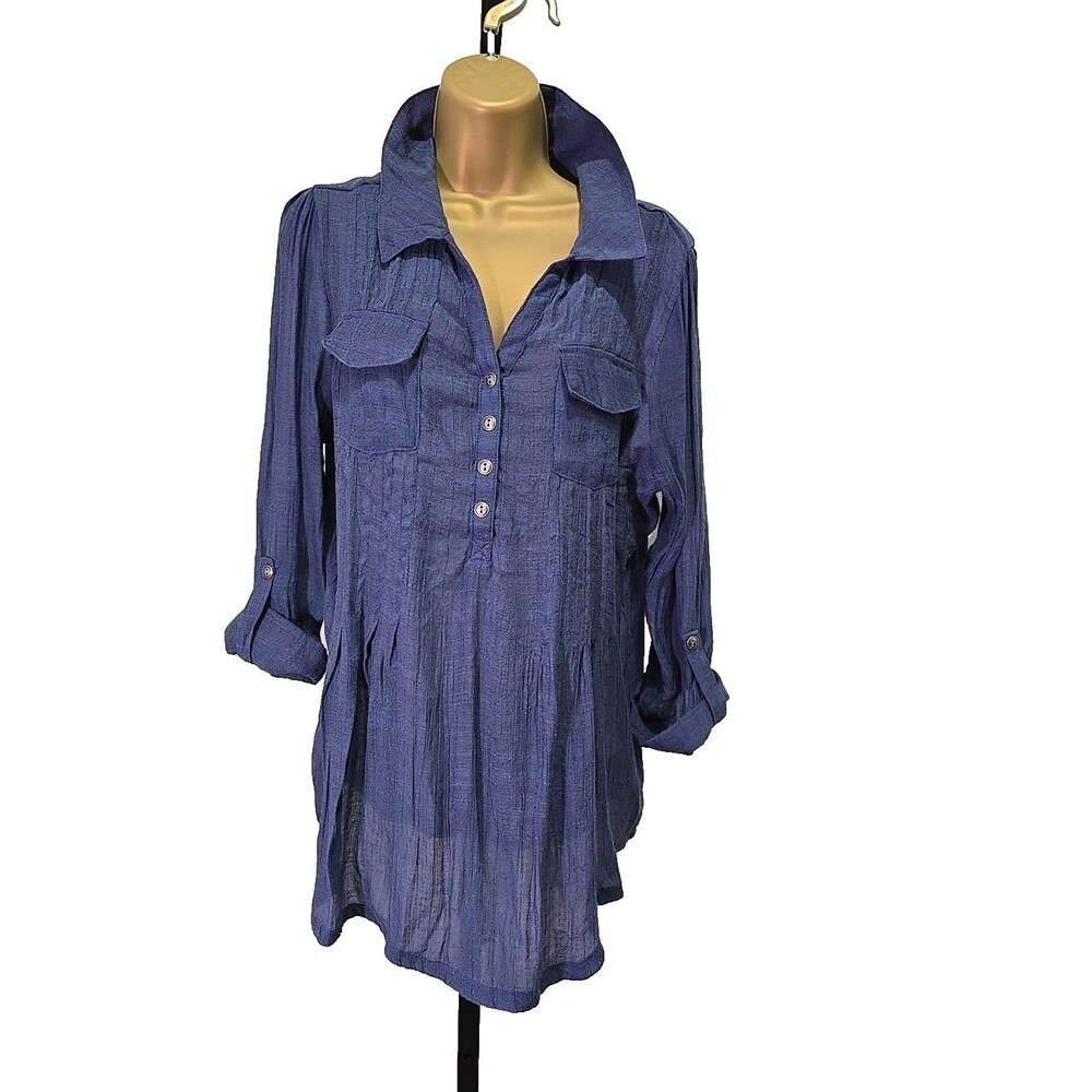 Dress Barn Blue Lightweight Tunic Womens Lg Peasant Coastal Minimalist Lagenlook